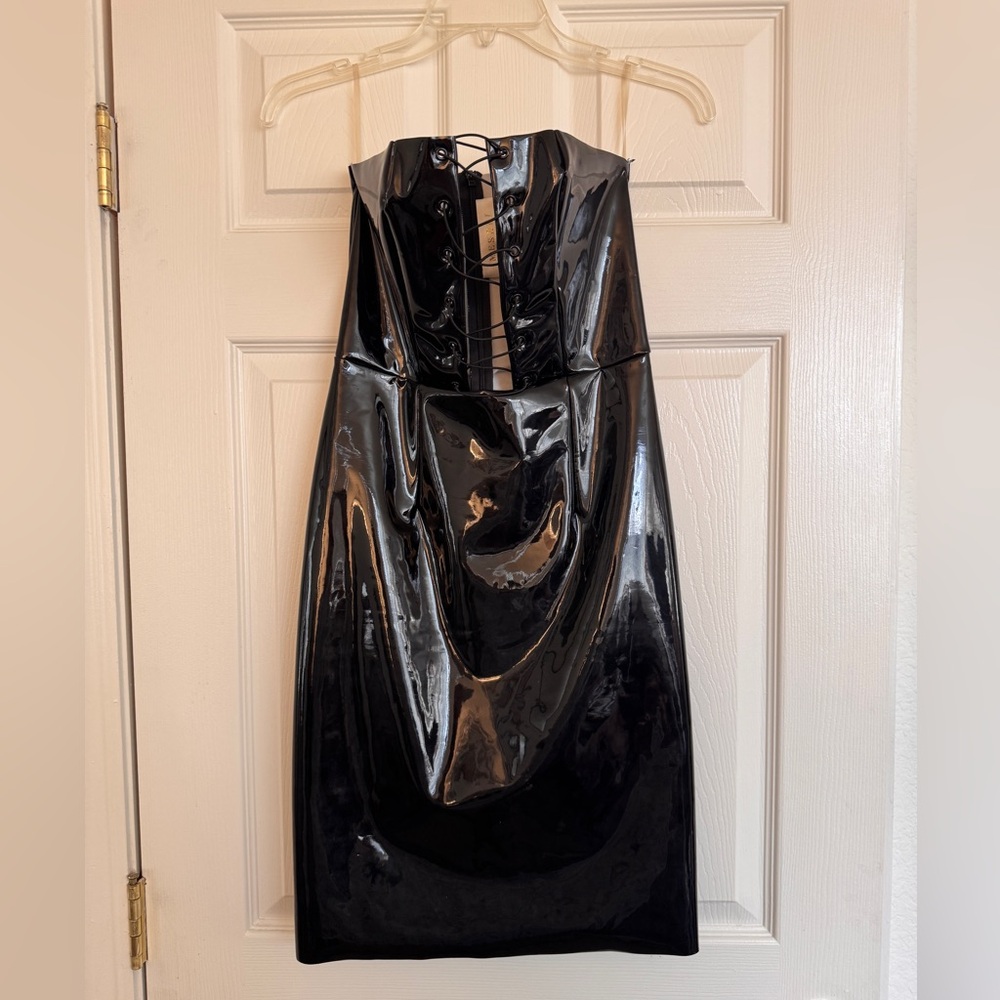 MESHKI Black Patent Leather Corset Dress - Size S